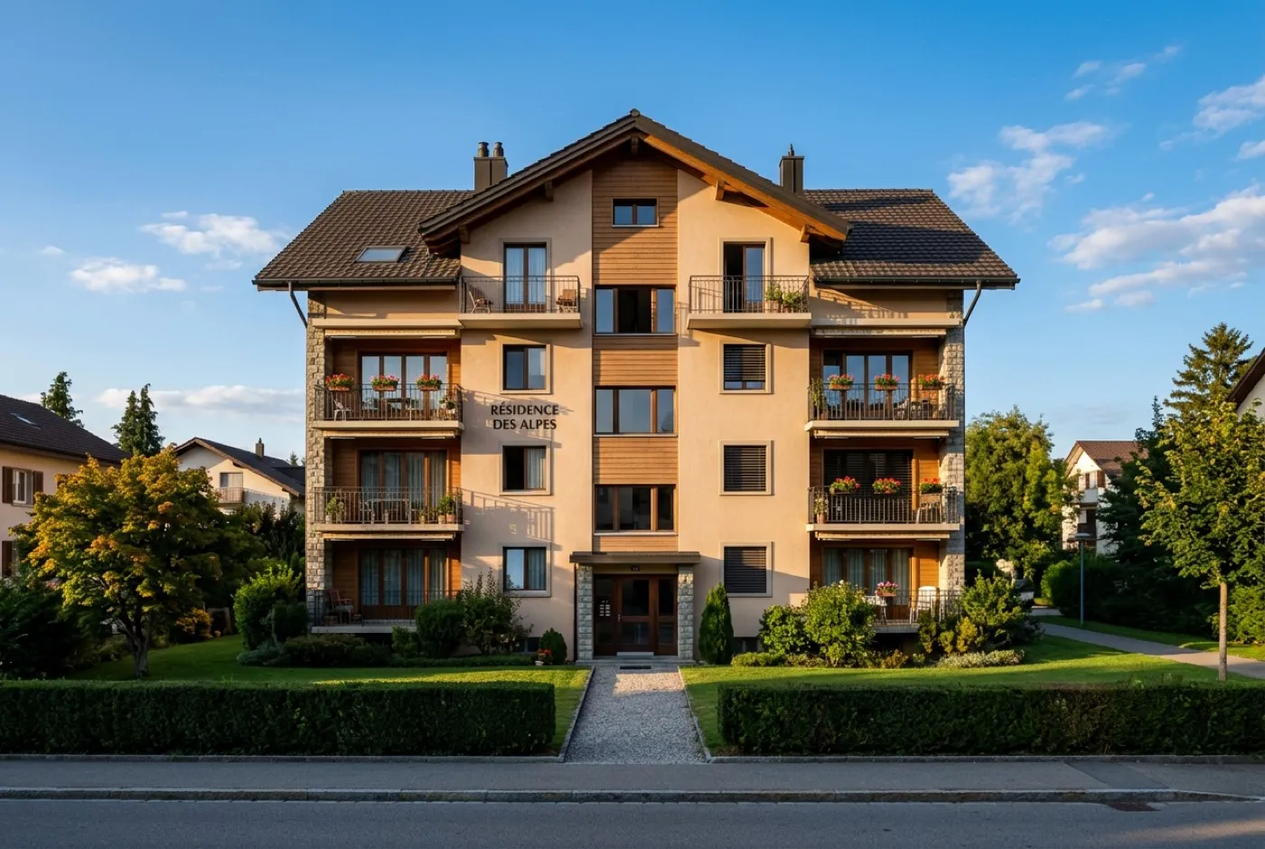 Mehrfamilienhaus mit der Sonne im Rücken des Fotografen fotografiert, mit Rasen und Hecke im Vordergrund.
