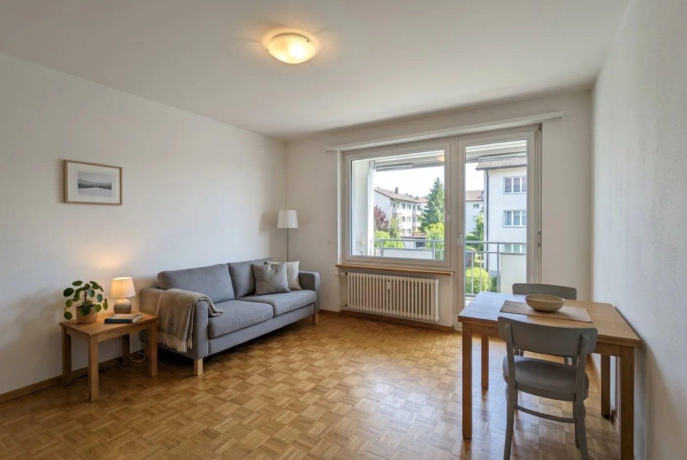 Dasselbe Wohnzimmer hochkant fotografiert — Sofa und Fenster sind angeschnitten, der Raum wirkt schmal.